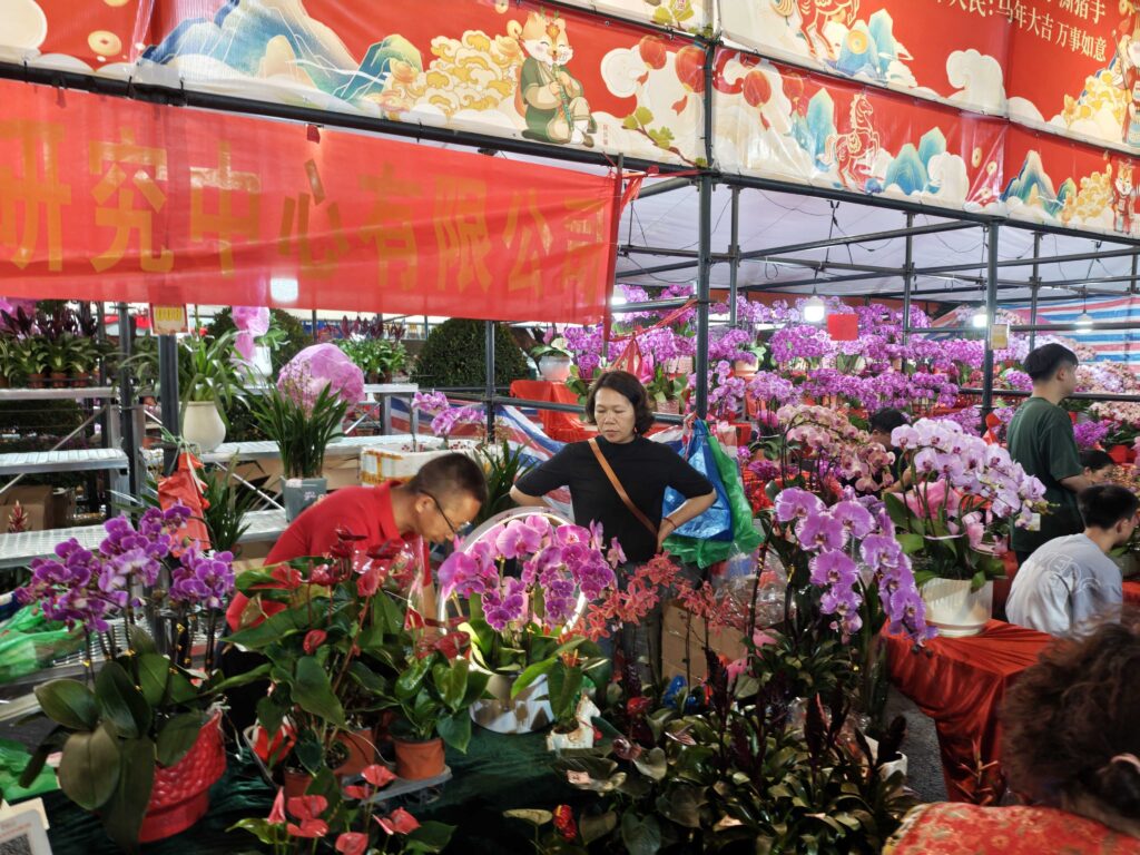 A wide view of the vibrant Guangzhou Floating Flower Market with rows of blossoms and crowds.